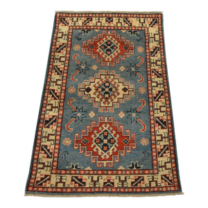 Kazak Rug 2’8” X 4′ Blue Wool Tribal Hand-Knotted Oriental Carpet