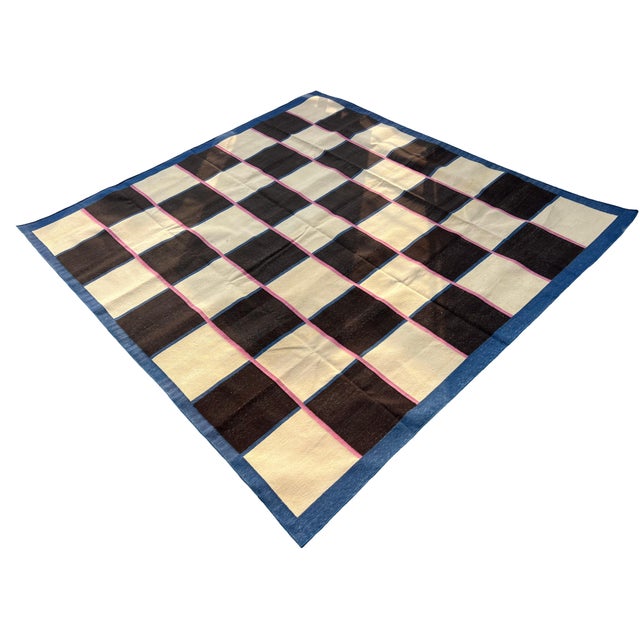 Handmade Reversible Cotton Vegetable Dyed Cream, Brown and Blue Checker Board Area Rug-6'x9' For Sale - Image 10 of 12