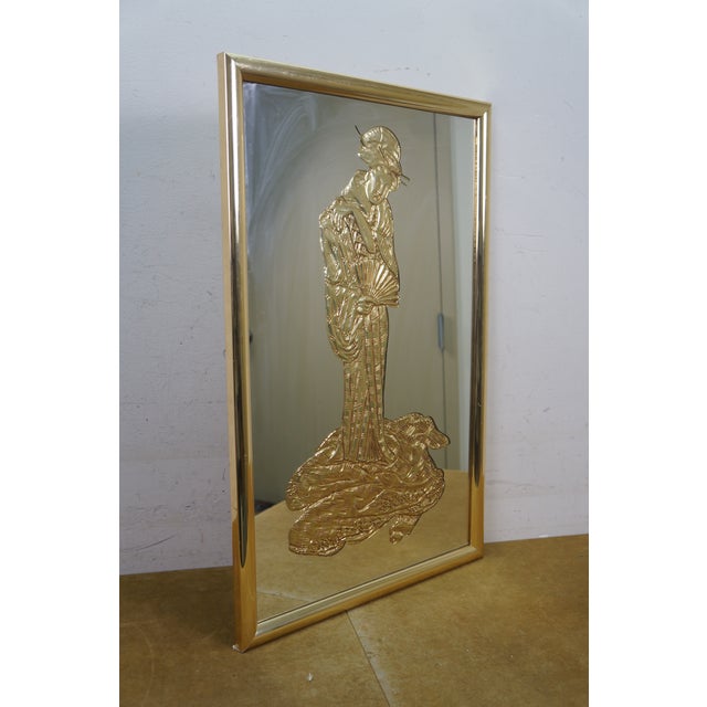 Hollywood Regency Chinoiserie Gold Embossed Geisha Wall Vanity Mirror MCM 27" For Sale - Image 9 of 11