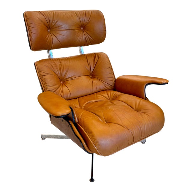 Vintage Cognac Leather Recliner Chair by Plycraft For Sale
