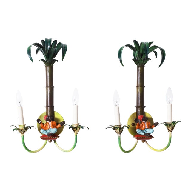 Pair of Italian Tole Wall Sconces With Monkeys For Sale