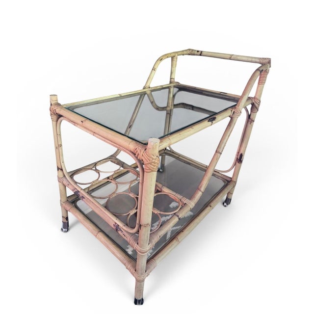 Ficks Reed Coastal Mid Century Modern Bamboo Rattan Bar Cart For Sale - Image 4 of 11