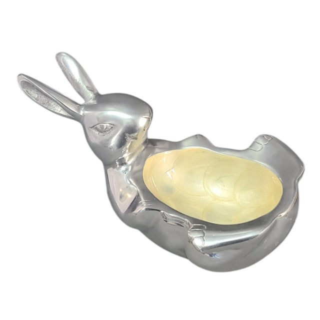 Metal Vintage Polished Aluminum Whimsical Bunny Rabbit Pearl Coated Trinket Holder Candy Dish For Sale - Image 7 of 7