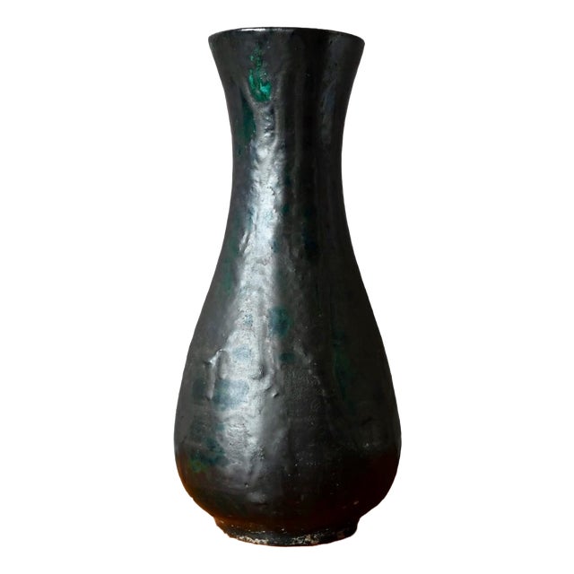 Vintage Black and Green Glazed Studio Pottery Stoneware Vase, 1960s For Sale
