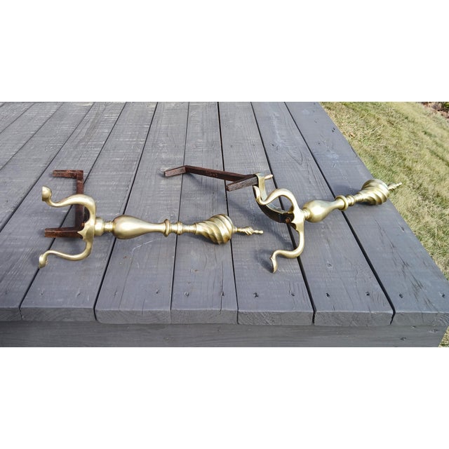 Pair of Antique Brass Federal Fireplace Andirons With Spiral Twist Flames With Log Holders For Sale - Image 9 of 12