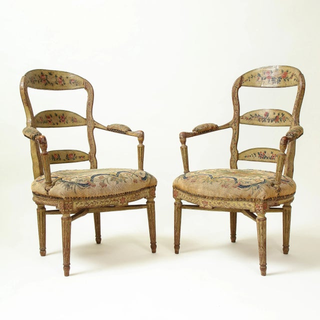 English Pair of Continental Painted Armchairs With Needlework Seats For Sale - Image 3 of 13