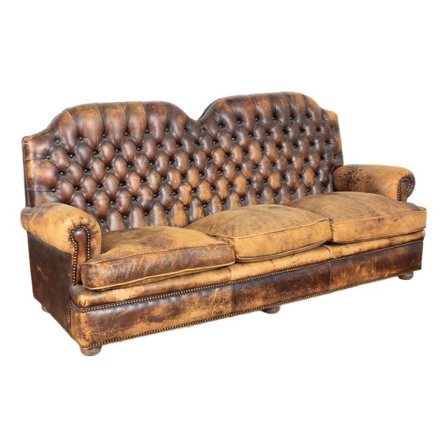 Mid 20th Century Vintage Brown Leather Three Seat Chesterfield Sofa For Sale