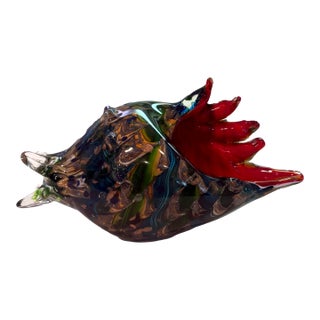 Murano Style Hand Blown Art Glass Conch Shell Bowl With Red Lip Coffee Book Topper For Sale