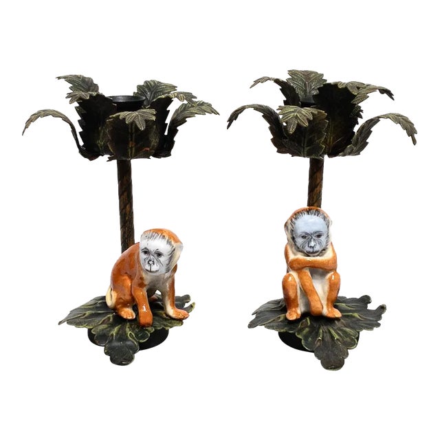 Palm Tree Candlesticks, Holders With Porcelain Hand Painted Monkeys, a Pair For Sale