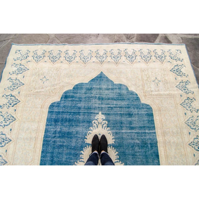 1940s Medallion Blue Beige Floral Distressed Rug Hand Knotted Wool Area Rug 1940s - 9'6” x 13'1" For Sale - Image 4 of 10