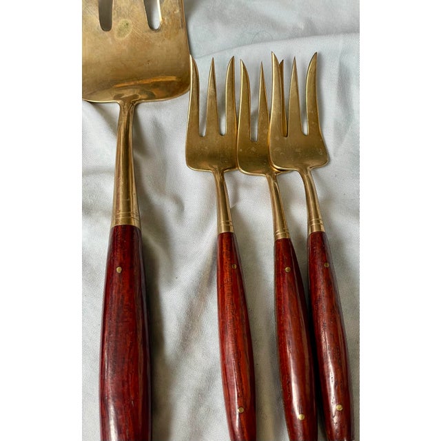 Mid 20th Century Mid 20th Century Rosewood & Brass Service for 6 Desert Fish Serving Forks Set 8 Pieces Flatware For Sale - Image 5 of 9
