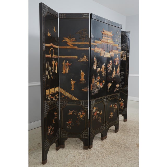 Paint Chinese Lacquer Ebonized 6 Panel Screen Divider For Sale - Image 7 of 17