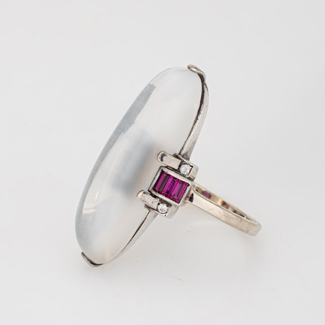 Retro Elongated Moonstone Ring Sz 5.5 Ruby Diamond White Gold Cocktail Jewelry For Sale - Image 4 of 5