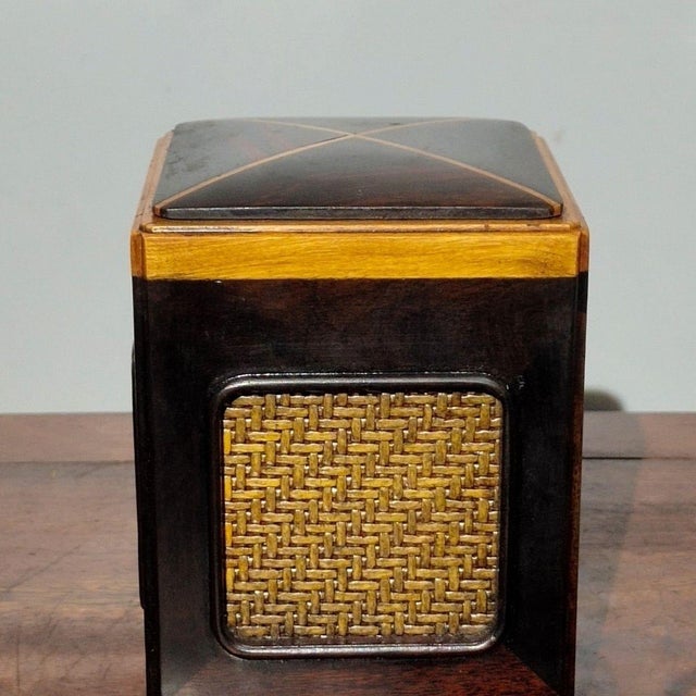 Wooden Tea Caddy Box With Woven Bamboo Panels and Sliding Lid For Sale - Image 4 of 9