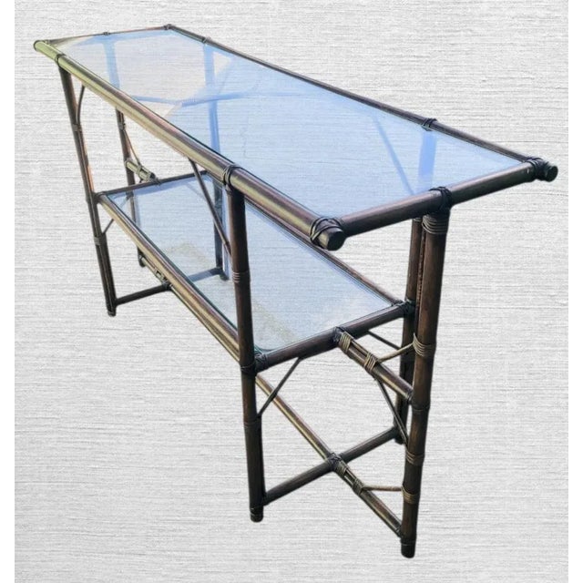 1990s Vintage Dark Brown Rattan Glass 2 Tiered Regency Console Table For Sale - Image 5 of 8
