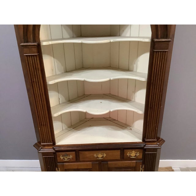 Antique Corner Cabinet Burled Wood Painted Interior 2 Pce Fluted Column Arched For Sale - Image 4 of 13