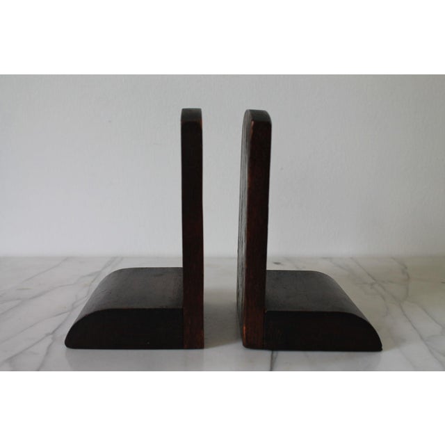 Vintage Hand Tooled Arts and Crafts Oak Wood Bookends For Sale In Milwaukee - Image 6 of 11
