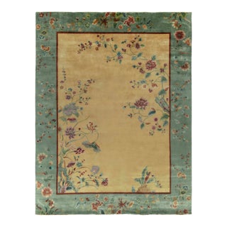 Rug & Kilim Chinese Deco style Rug with Teal Border, Gold Field & Florals - 10'x14' For Sale