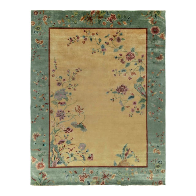 Rug & Kilim Chinese Deco style Rug with Teal Border, Gold Field & Florals - 10'x14' For Sale