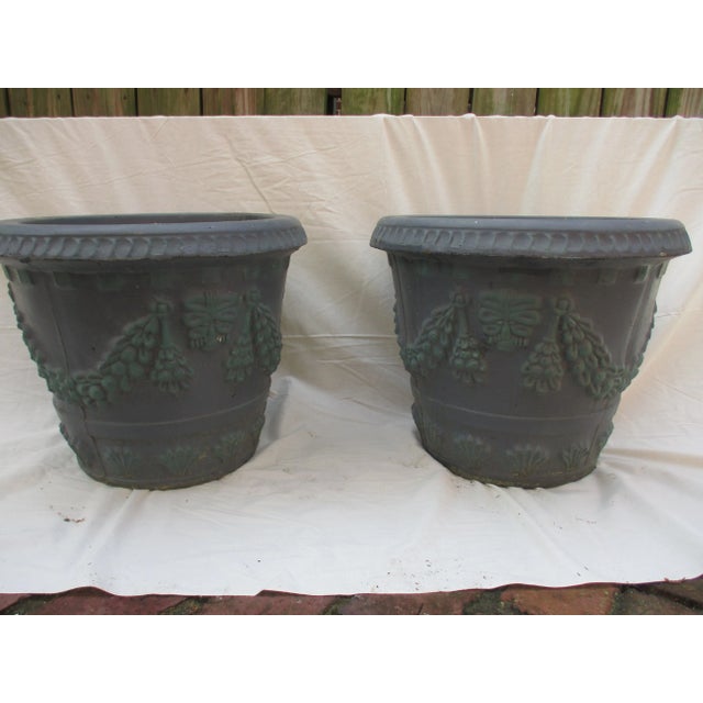 Vintage Ornate Concrete Blue Garden Planters With Garlands of Flowers
