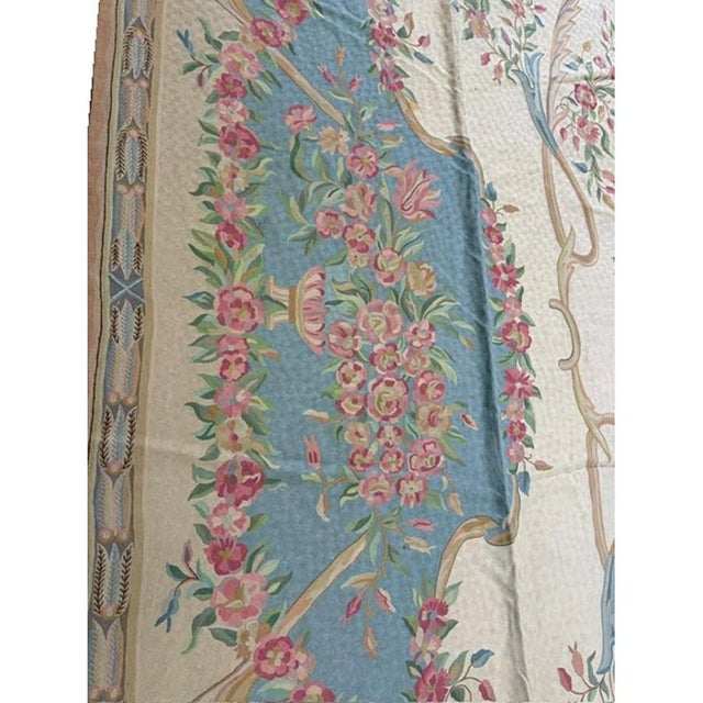 Textile 1920s Ivory Floral Medalion Antique European Flatweave Wool Chain Stitch Rug For Sale - Image 7 of 11