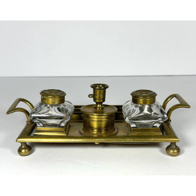 Brass 19th Century Victorian Brass Double Inkwell & Candle Holder Set: English Antique For Sale - Image 8 of 10