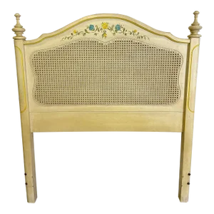 Vintage French Provincial Hollywood Regency Caned Hand Painted Twin Headboard