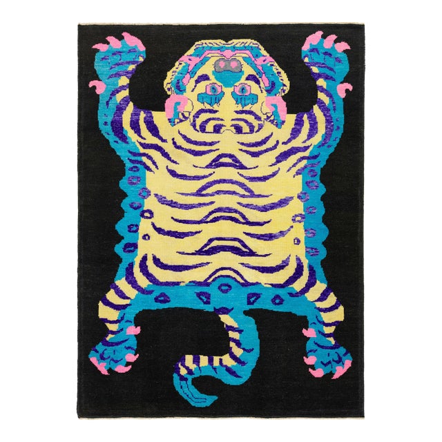 Modern Pictorial Designed Hand-Knotted Wool Rug in Black For Sale