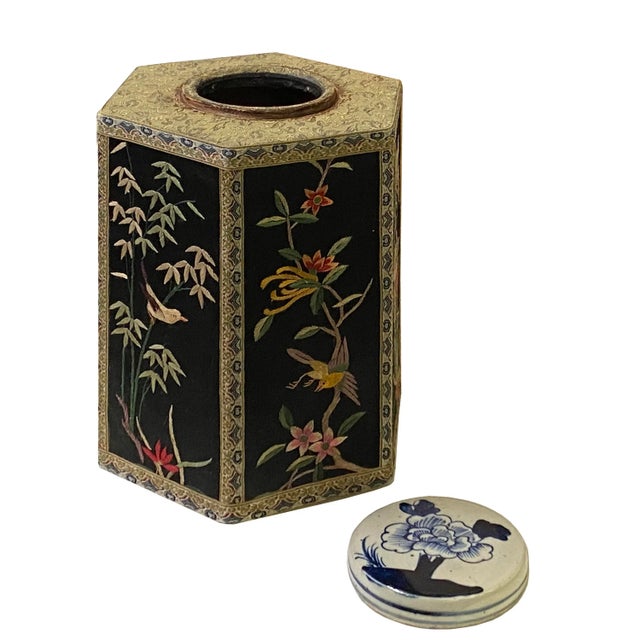Black Chinese Black Hexagon Container Flower Birds Embroidery Porcelain Cover For Sale - Image 8 of 11
