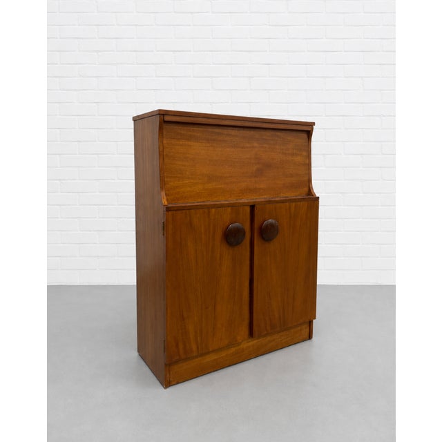 Mid-Century Modern Mid Century Modern Teak Bar Cabinet | Mirrored Home Bar With Drop-Down Serving Surface, C. 1960’s For Sale - Image 3 of 14