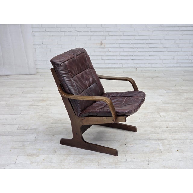 1970s, Scandinavian armchair. Original brown furniture leather, beech wood, canvas. Original very good condition: no...
