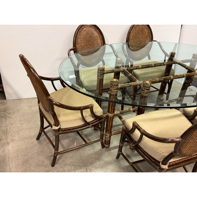 McGuire Furniture Oval Glass Top Dining Table + Six Double Cane Back Dining Armchairs, Vintage Set For Sale - Image 10 of 15