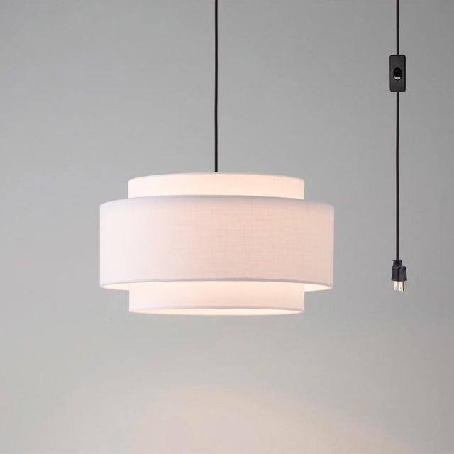 Coronado Stretch Swag Lamp - White Linen Shade, Weathered Brass, Inline Dimmer For Sale In Los Angeles - Image 6 of 8