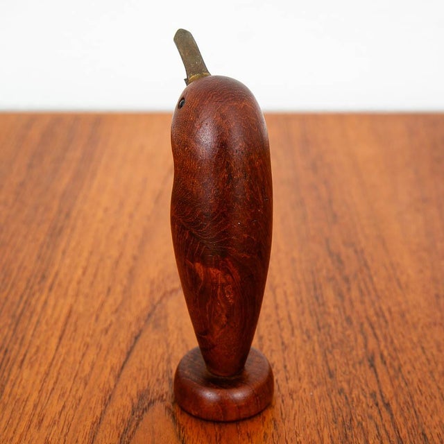 Vintage Mid Century Danish Modern Bottle Opener Solid Teak Bird Brass Figurine For Sale - Image 4 of 10
