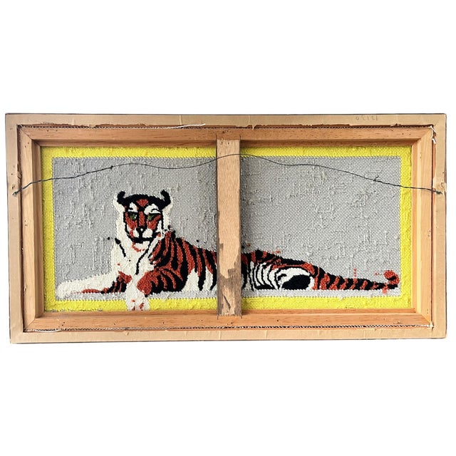 Large 1972 Framed Princeton Tiger Needlepoint on Gray Field With Yellow Border Initialed by Maker For Sale In Jacksonville, FL - Image 6 of 8