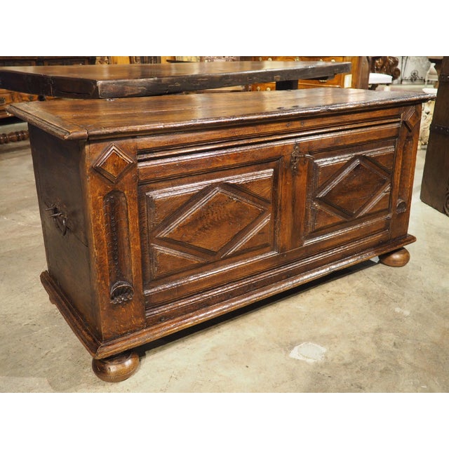 Wood Elegant Antique Oak Lozenge Paneled Trunk From France, 18th Century For Sale - Image 7 of 18