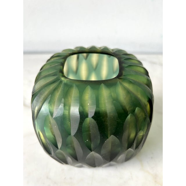 Green Guaxs Glassworks Kashi Carved Glass Green Vase For Sale - Image 8 of 9