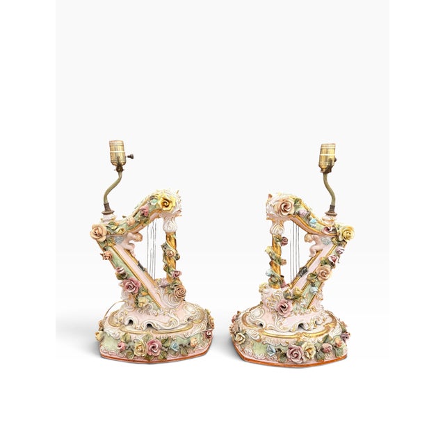 Hollywood Regency Mid-20th Century Italian Capodimonte-Style Porcelain Floral Harp Table Lamps – Pair For Sale - Image 3 of 14