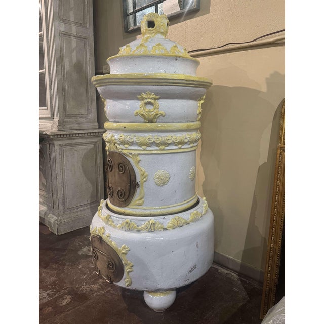 White 19th Century French White and Yellow Terracotta and Brass Wood Burning Stove For Sale - Image 8 of 12