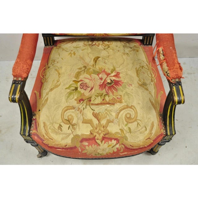 Late 19th Century Antique French Empire Black Ebonized Walnut Needlepoint Parlor Arm Chair For Sale - Image 5 of 12