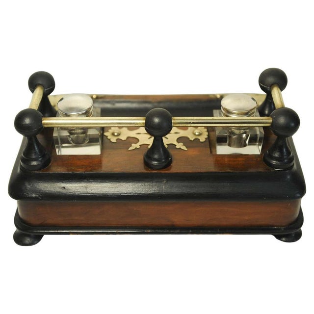 Metal Victorian Ebonised Desk Set with Two Cut Glass Inkwells, Set of 6 For Sale - Image 7 of 13