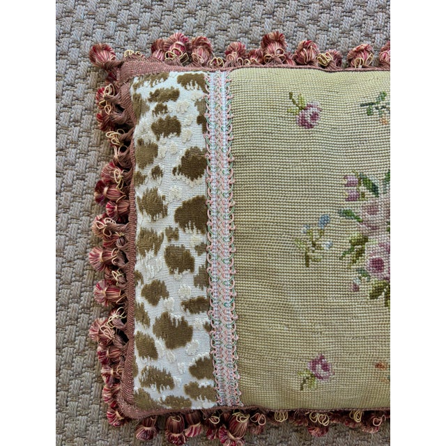 French Aubusson Style Needlepoint Pillow With Pom Pom Fringe For Sale - Image 4 of 7