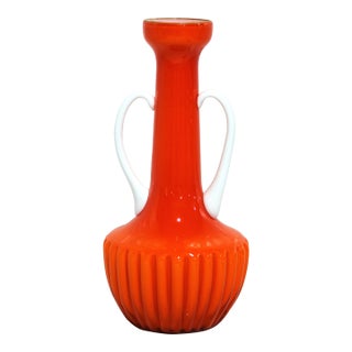 Stunning Vintage Empoli Cased Glass Vase, Applied White Glass Handles For Sale