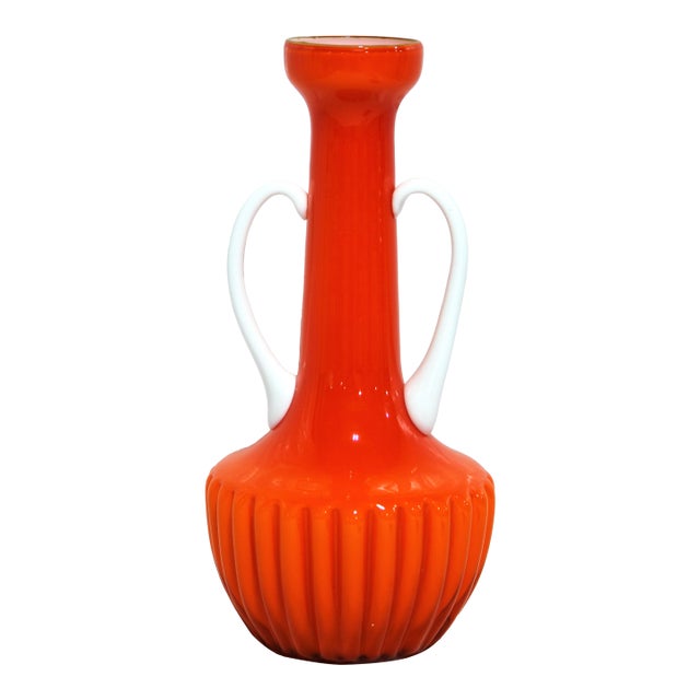 Stunning Vintage Empoli Cased Glass Vase, Applied White Glass Handles For Sale