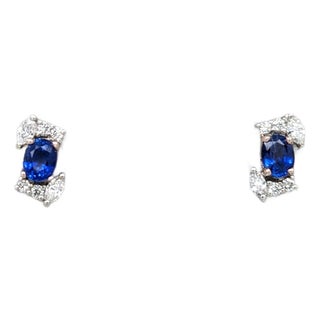 Blue Sapphire Stud Earrings With Diamond Accents: Solid 14k Gold, 4x3mm, Pair For Sale