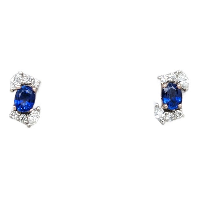 Blue Sapphire Stud Earrings With Diamond Accents: Solid 14k Gold, 4x3mm, Pair For Sale