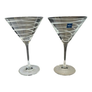 Pair of Vintage Mikasa Cheers- Spiral Etched Martini Glasses Modernist Barware For Sale