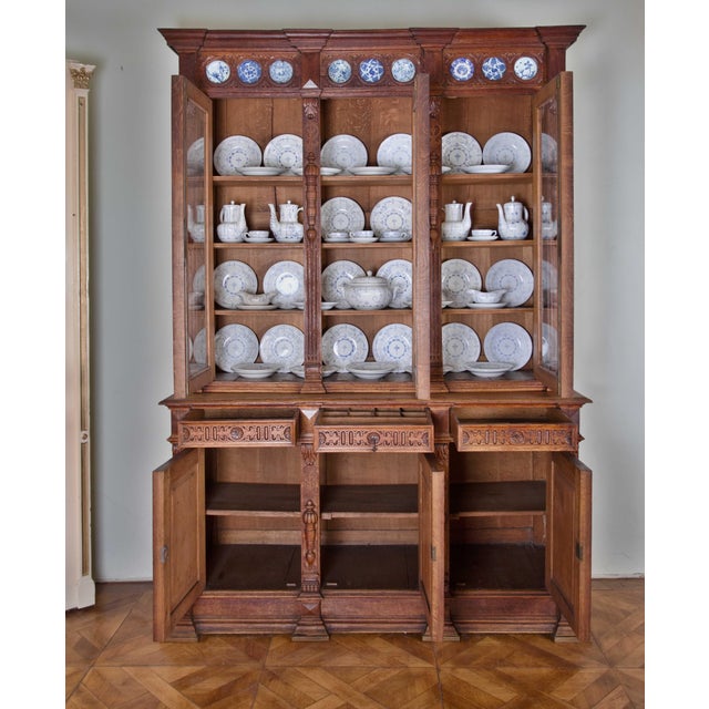 Wood 19th Century Neo-Renaissance Monumental Manor-House Display Cabinet with Integrated Porcelain Plates For Sale - Image 7 of 13