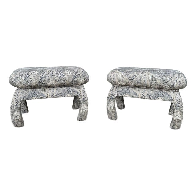 Pair of Oriental Fully Upholstered Beachley Furniture Peacock Ottomans For Sale