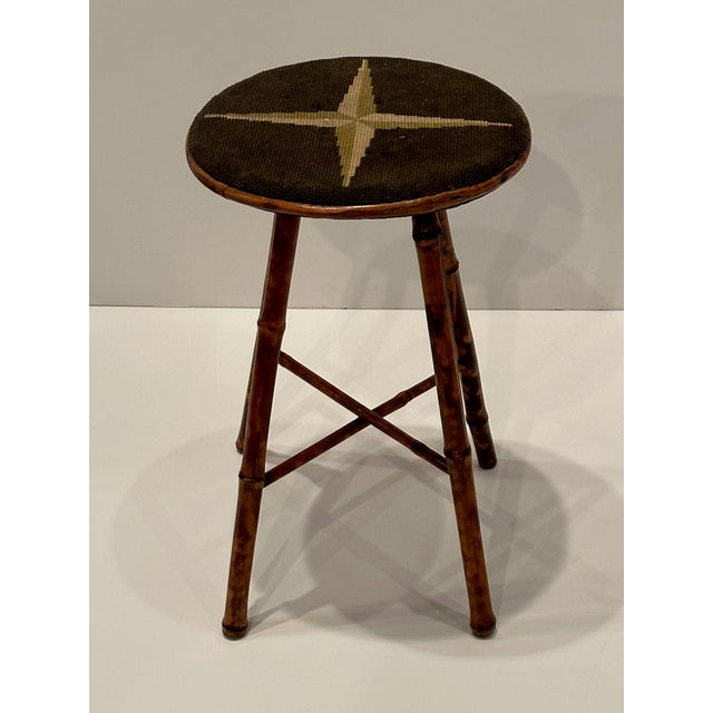 Antique American Bamboo Stool With Original Needlepoint Seat For Sale - Image 4 of 6